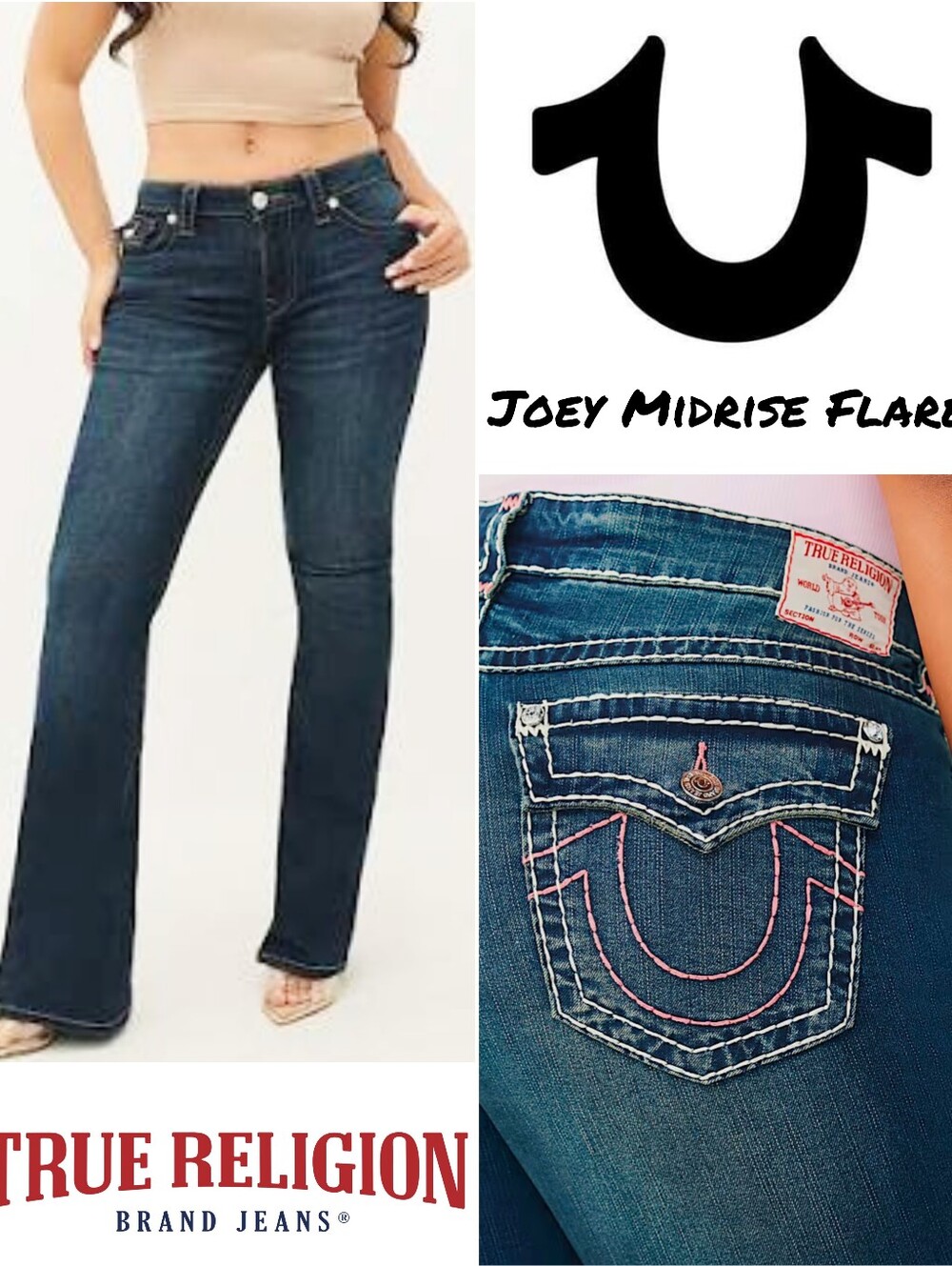 Make Offers! True Religion Joey Mid Rise Big T Flap Flare Jeans 34